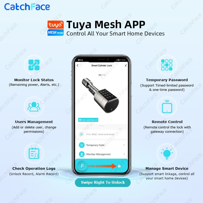 Catchfcae New Adjustable Replacement Tuya APP Fingerprint Cylinder Electronic Smart  Door Lock Digital Keypad Code Keyless