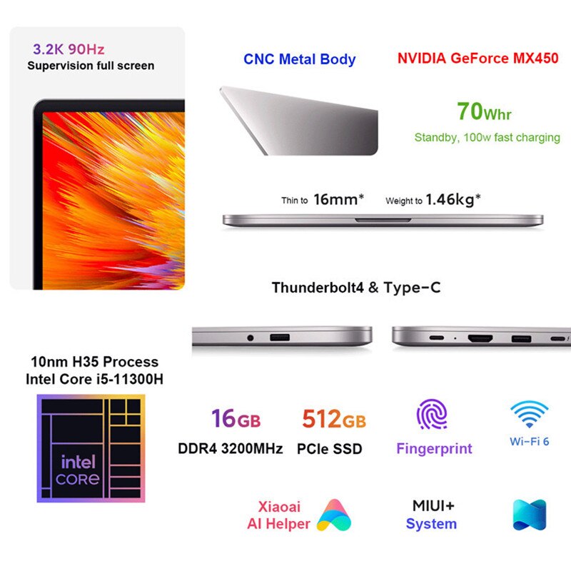 Xiaomi RedmiBook Pro 15 Laptop 15.6" 11th Intel Core i7-11370H/i5-11300H MX450 16GB 512GB 90Hz 3.2K FHD Screen  Win10 Notebook