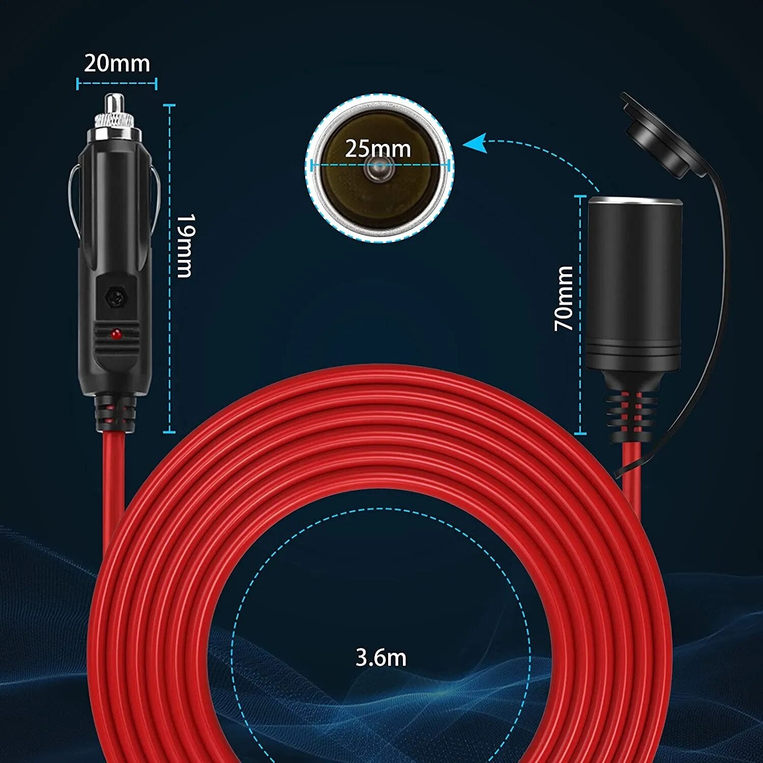 Extractme 12V 24V 15A Car Cigarette Lighter Extension Cord 3.6M 16AWG Car Splitter Charger Cable Socket Plug Auto Accessories