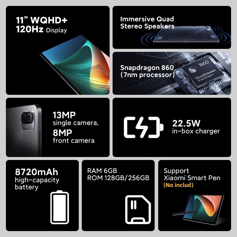Global Version Xiaomi Pad 5 Tablet Snapdragon 860 120Hz 11inch WQHD+ 2.5K LCD Display 6G 128G/ 256G 8720mAh