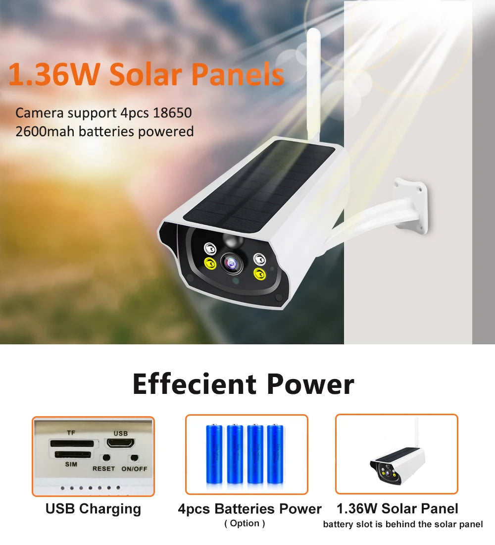 4G LTE Sim Card 1080P IP Camera Solar Powered Clear Night Vision Solar Panel Rechargeable Battery IP Camera Waterproof PIR Alarm