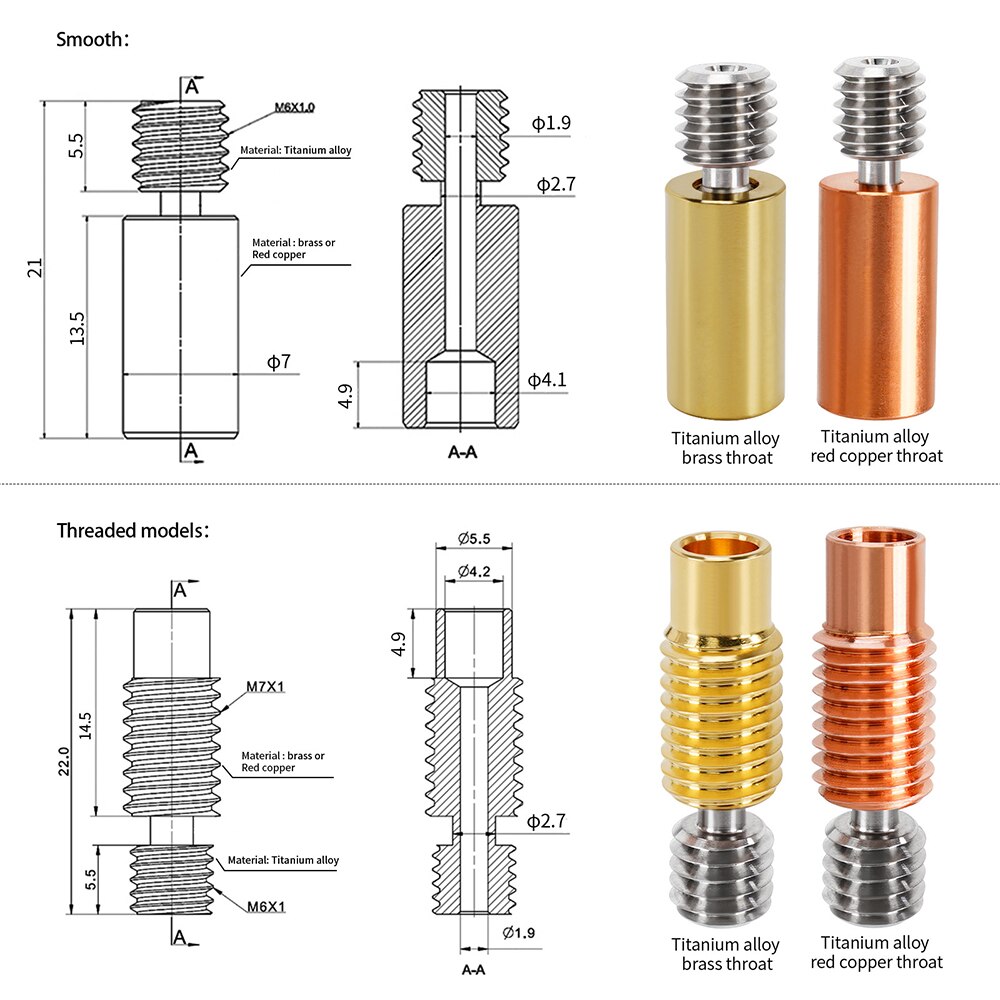 KINGROON All-Metal E3D V6 Throat Heat Break Titanium Alloy Copper 3D Printer Nozzle Throat For 1.75mm E3D V6 HOTEND Heater Block