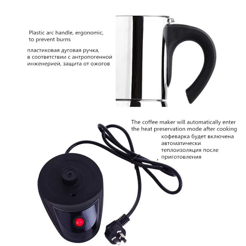 6cups/300ml Electric Coffee Geyser Maker 304 Stainless Steel Moka Pot Mocha coffe Machine Espresso Maker