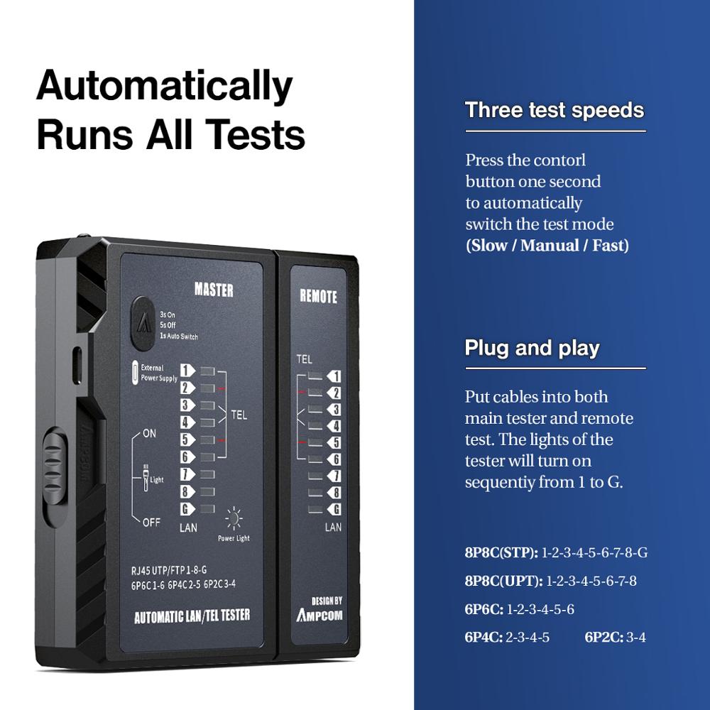 AMPCOM Network Cable Tester,  LAN Phone Wire Tester Tool Networking Tool Ethernet Repair For RJ45/RJ11/RJ12/CAT5/CAT6/CAT7/CAT8