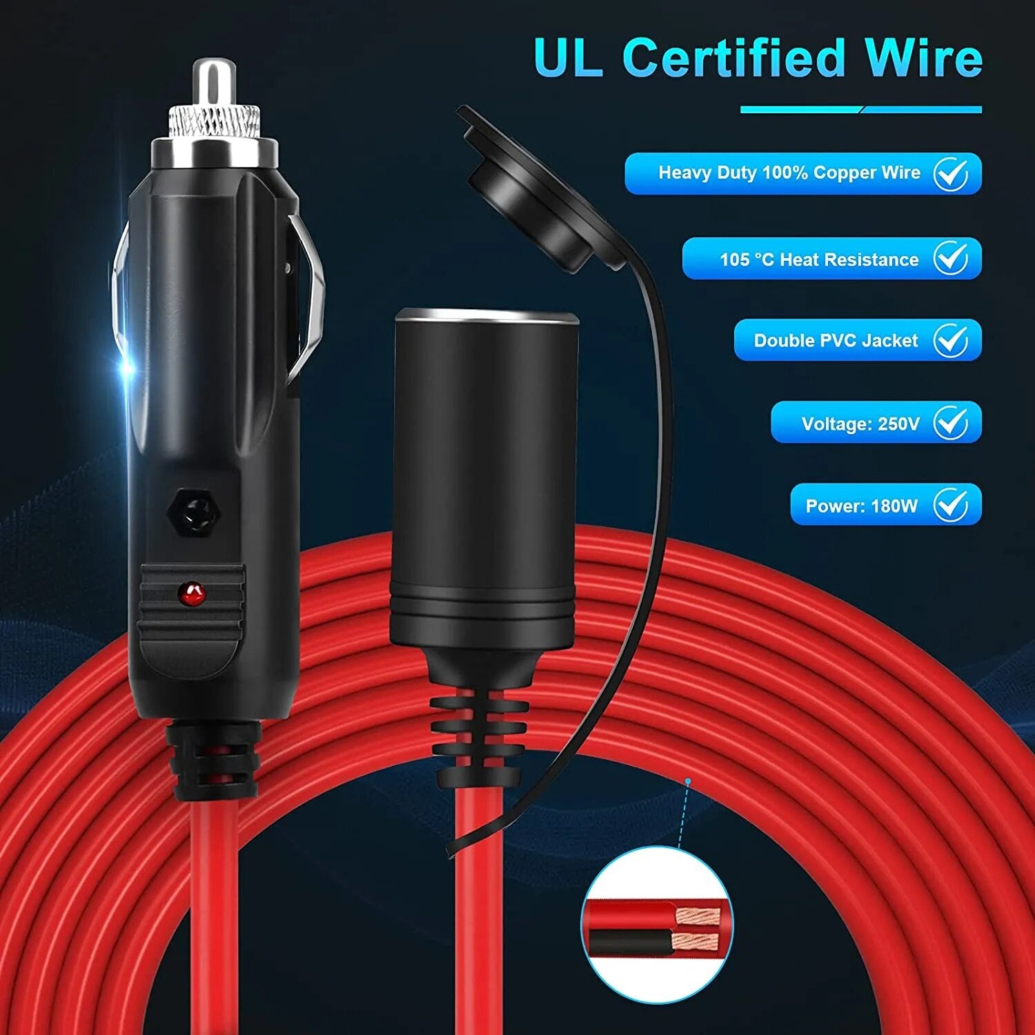 Extractme 12V 24V 15A Car Cigarette Lighter Extension Cord 3.6M 16AWG Car Splitter Charger Cable Socket Plug Auto Accessories