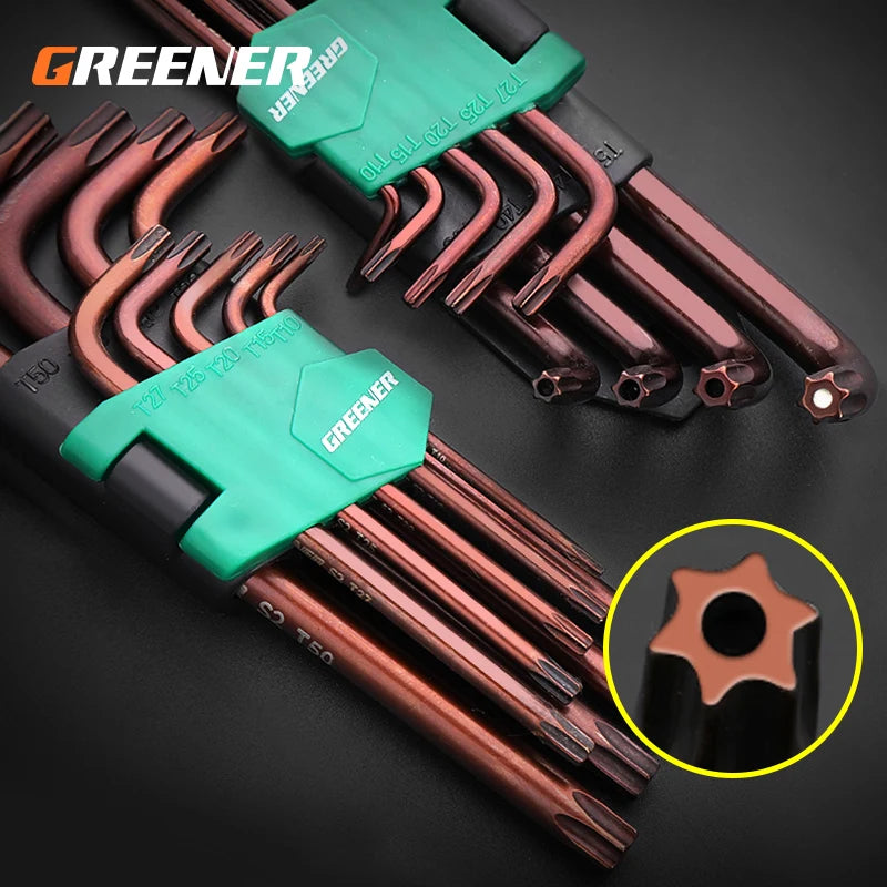 Greener 9PCS DoubleEnd L Type Screwdriver Hex Wrench Set Allen Key Hexagon Flat Ball Torx Star Head Spanner Key Set Hand Tools