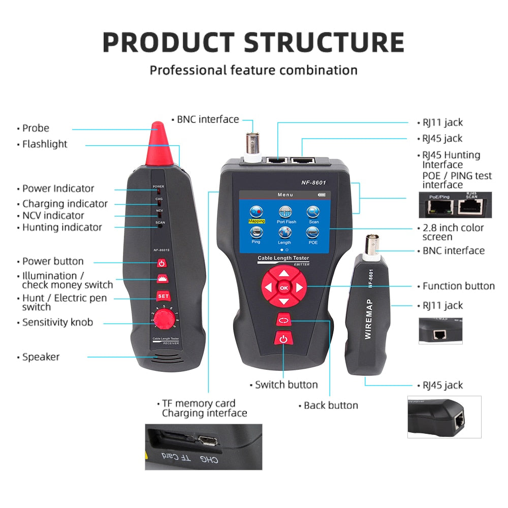 Original Noyafa NF-8601W Multifunction Network Cable Tester RJ45 RJ11 BNC POE PING Crosstalk Test Network Wire Cable Tracker