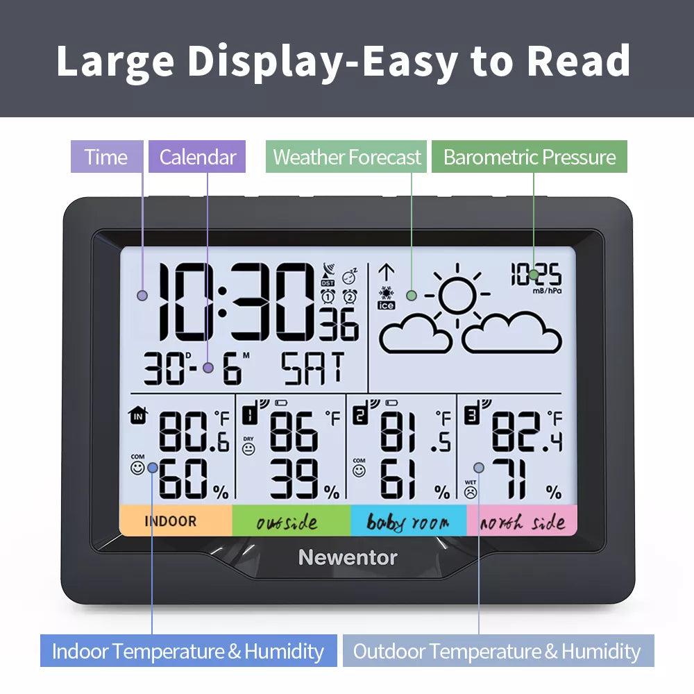 Newentor Q5 Weather Station Wireless Digital Indoor Outdoor Forecast With 3 Sensors Hygrometer Humidity Temperature