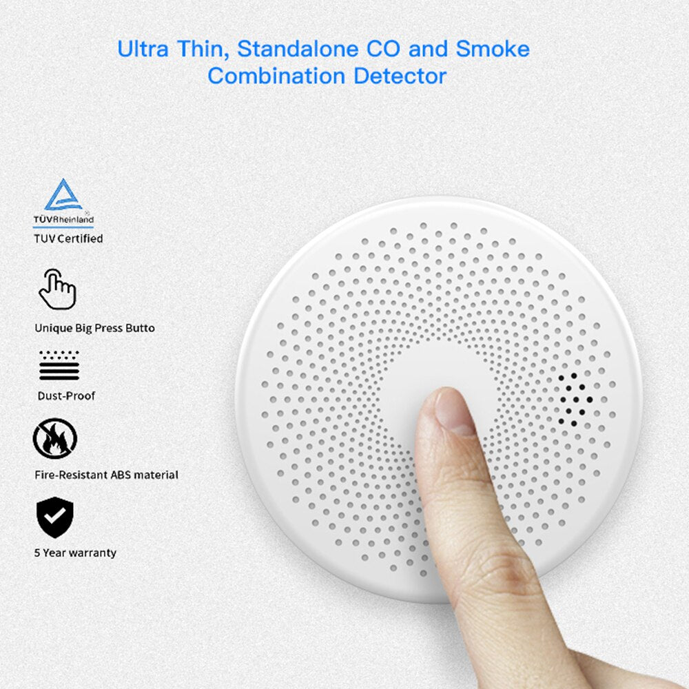 Tuya 2 in 1 Smoke Sensor CO Carbon Monoxide Detector Alarm Built-in 85dB Sound Alert LED Indicator Home Security Protection Fire