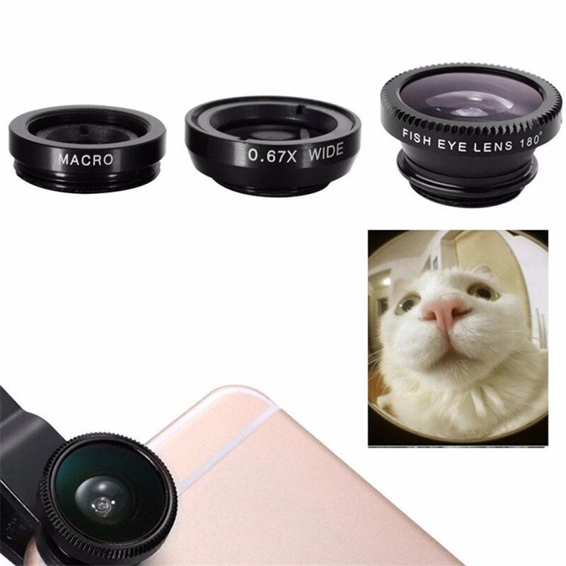 3 in 1 Fisheye Phone Lens Wide Angle Zoom Lens Fish Eye Macro Lenses Camera Kits With Clip Lens On The Phone For All Smart Phone