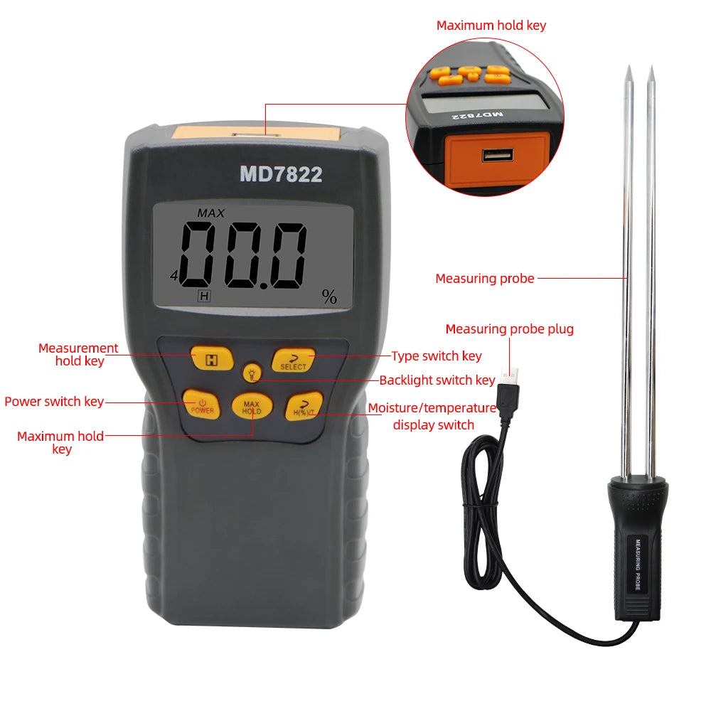 Digital Grain Moisture Meter Highly Sensitive Probe Humidity Tester Usb Charging Hygrometer Temperature Detector Wheat Corn Rice