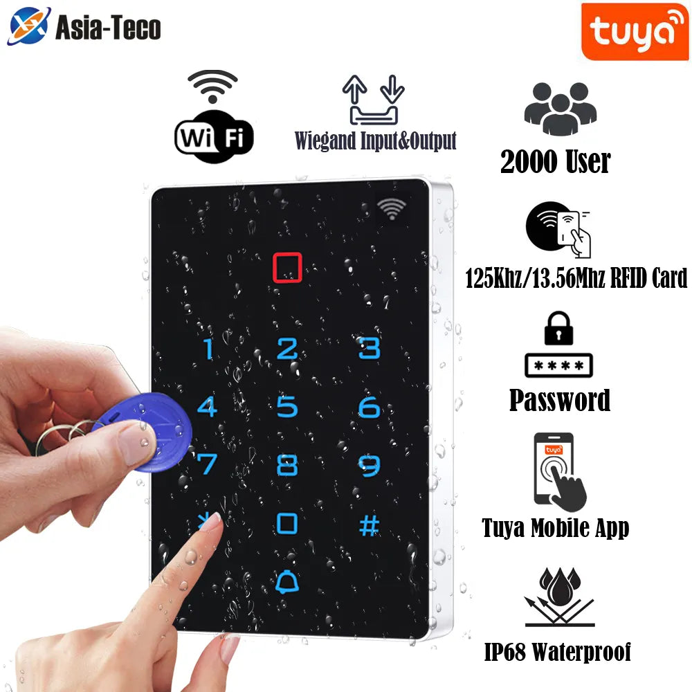 Waterproof WiFi Tuya App Backlight Touch 125khz RFID Card Access Control Keypad WG26 Output Alarm Management Card Support