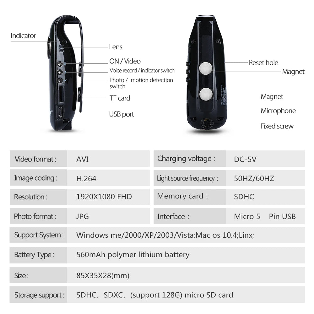Boblov 007 Mini Digital Camera HD Law Enforcement Cam Magnetic Body Camera Motion Detection Snapshot Loop Recording Camcorder