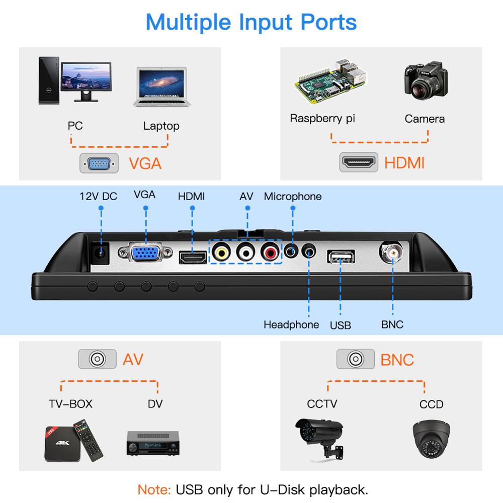 Eyoyo 10 inch Security CCTV Monitor Small Portable HDMI LCD Monitor IPS HD 1024x768 4:3 with BNC HDMI VGA AV Input for PC Raspbe