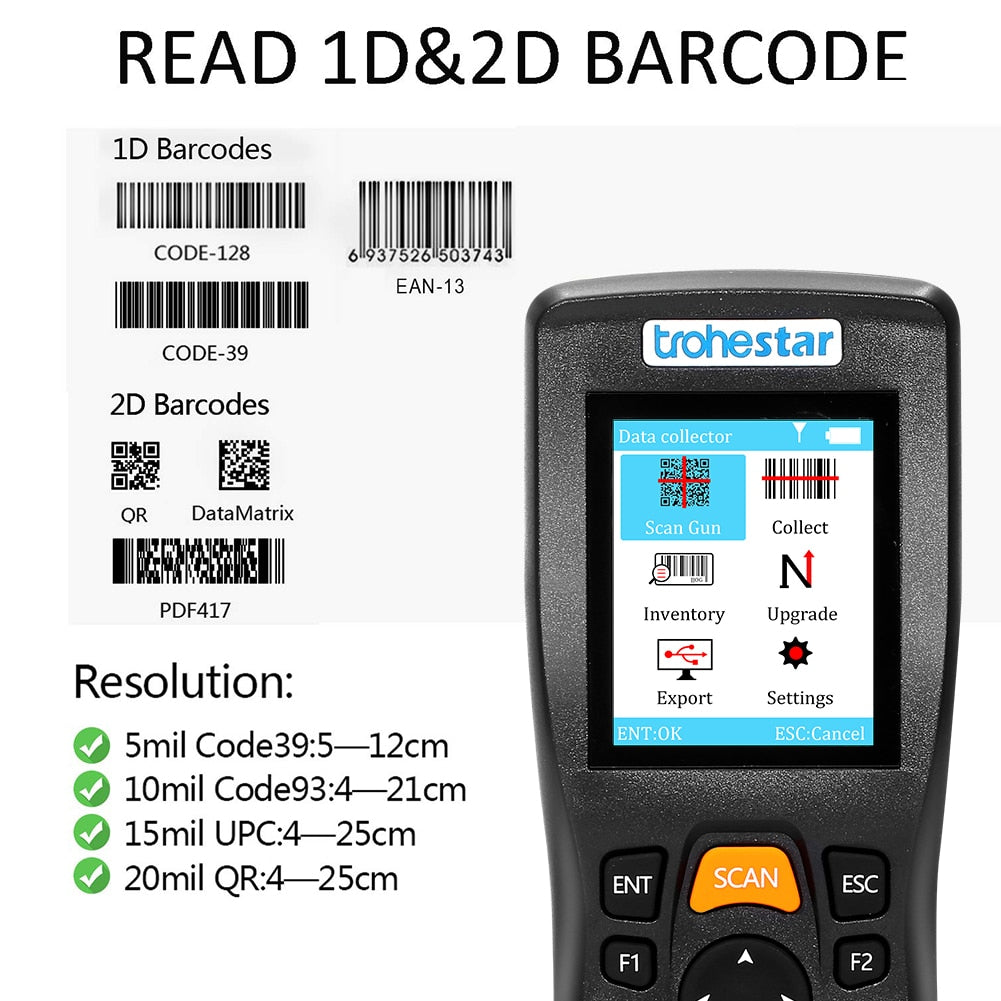 Trohestar Wireless Barcode Scanner 1D 2D Bar Code Reader Inventory Counter Data Collector PDA QR Scanners leitor codigo barras