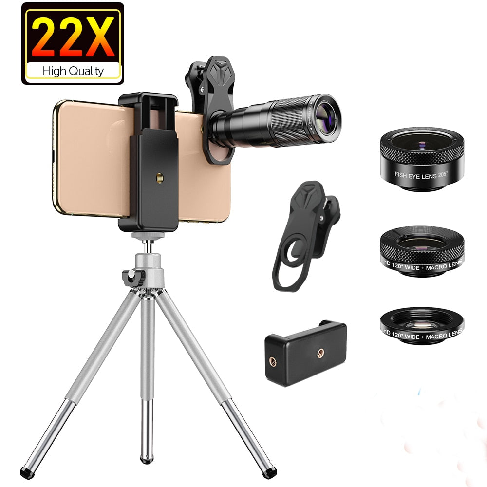 APEXEL Optic HD Phone Camera Lens Kit 4in1 Telephoto Zoom Monocular Telescope 22X Lens + Macro Wide Fisheye With Remote Tripod