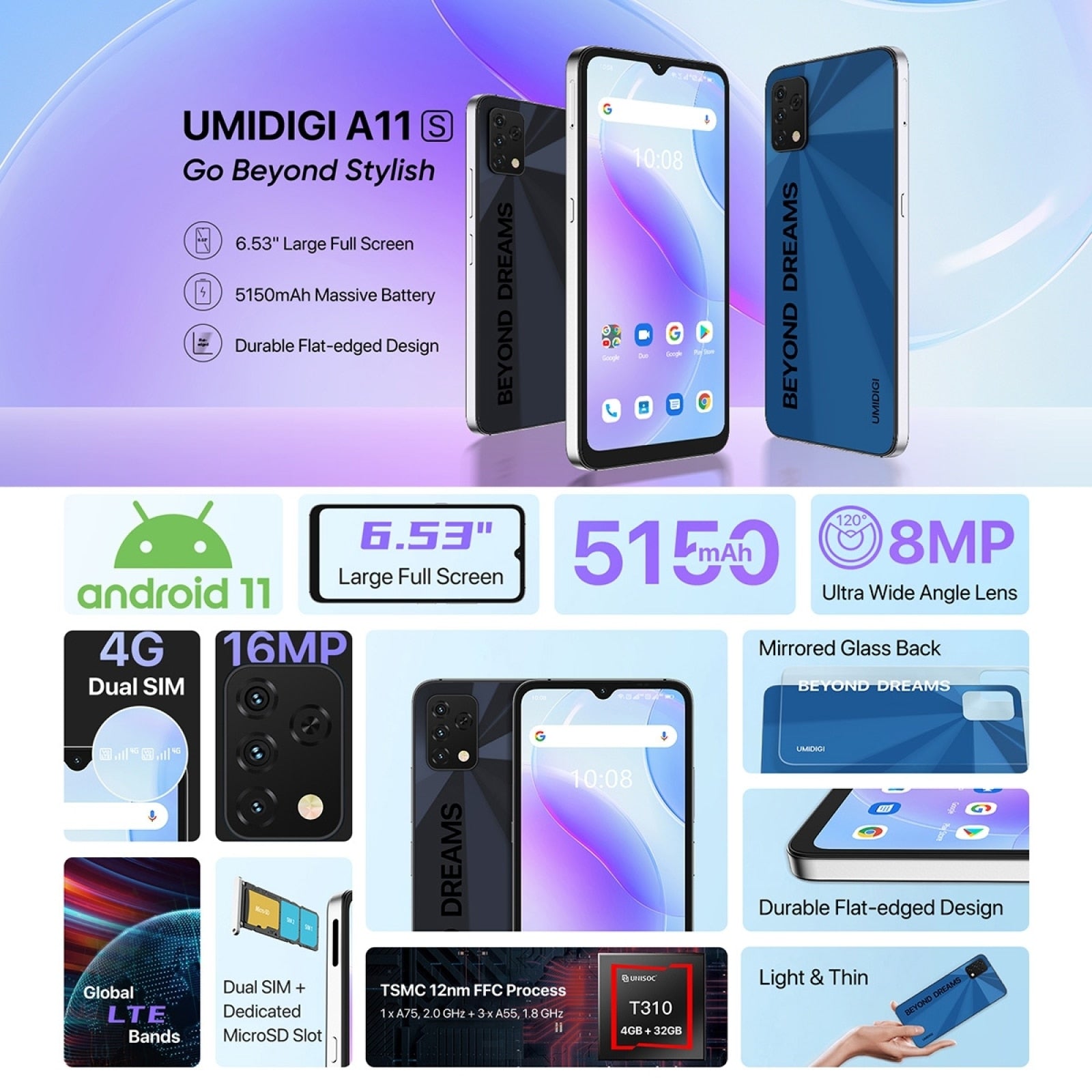 UMIDIGI A11s Global Version Smartphone 6.53" HD+ 4GB 32GB UMS312 T310 Android 11 Mobile 16MP Triple Camera 5150mAh Cellphone