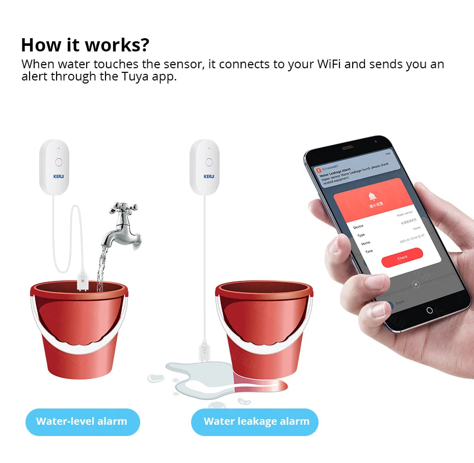 KERUI WiFi Water Leakage Sensor Tuya APP Smart Life Flood Alert Overflow Home Security Alarm System Water Level Detector