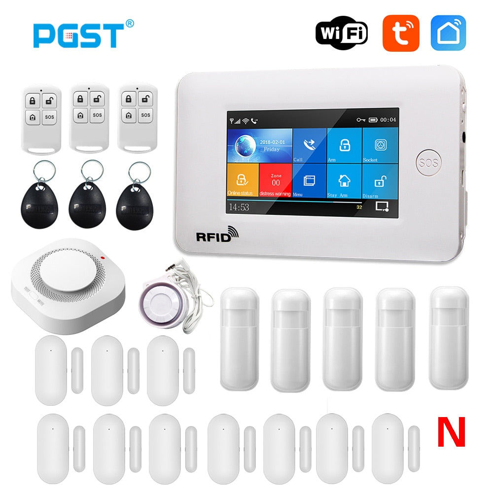 PGST 433MHz All Touch Screen Wireless WIFI GSM RFID Card Burglar Alarm System Smart Home Security DIY Alarm TUYA Smart Life