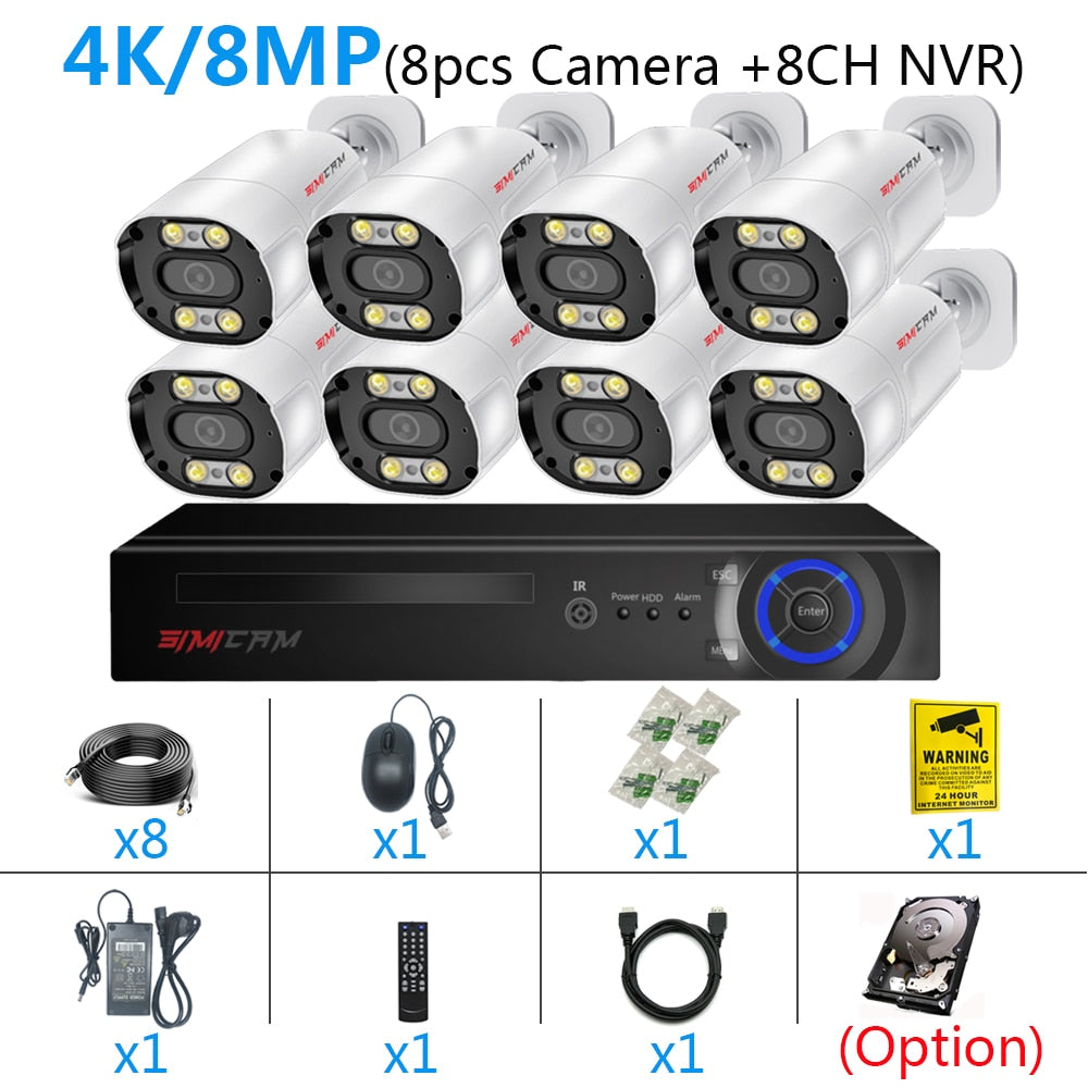 4K 8MP POE IP Security Camera System NVR Kit Face Detection Two Way Audio Metal Bullet With RJ45 Cable Street Video Surveillance