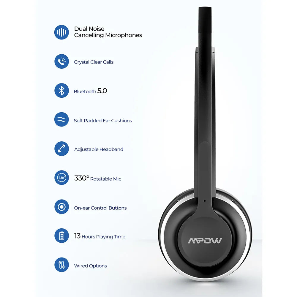 Mpow HC3 Bluetooth 5.0 Headphone Dual Noise Cancelling Microphone Clear Wireless&Wired Headset For PC Laptop Call Center Phones