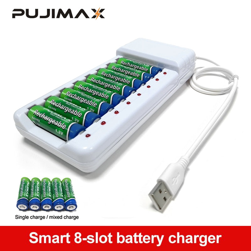 PUJIMAX Rechargeable Battery Charger USB Output 8 Slots Fast Charging Short Circuit Protection suitable for AAA/AA Battery Tools