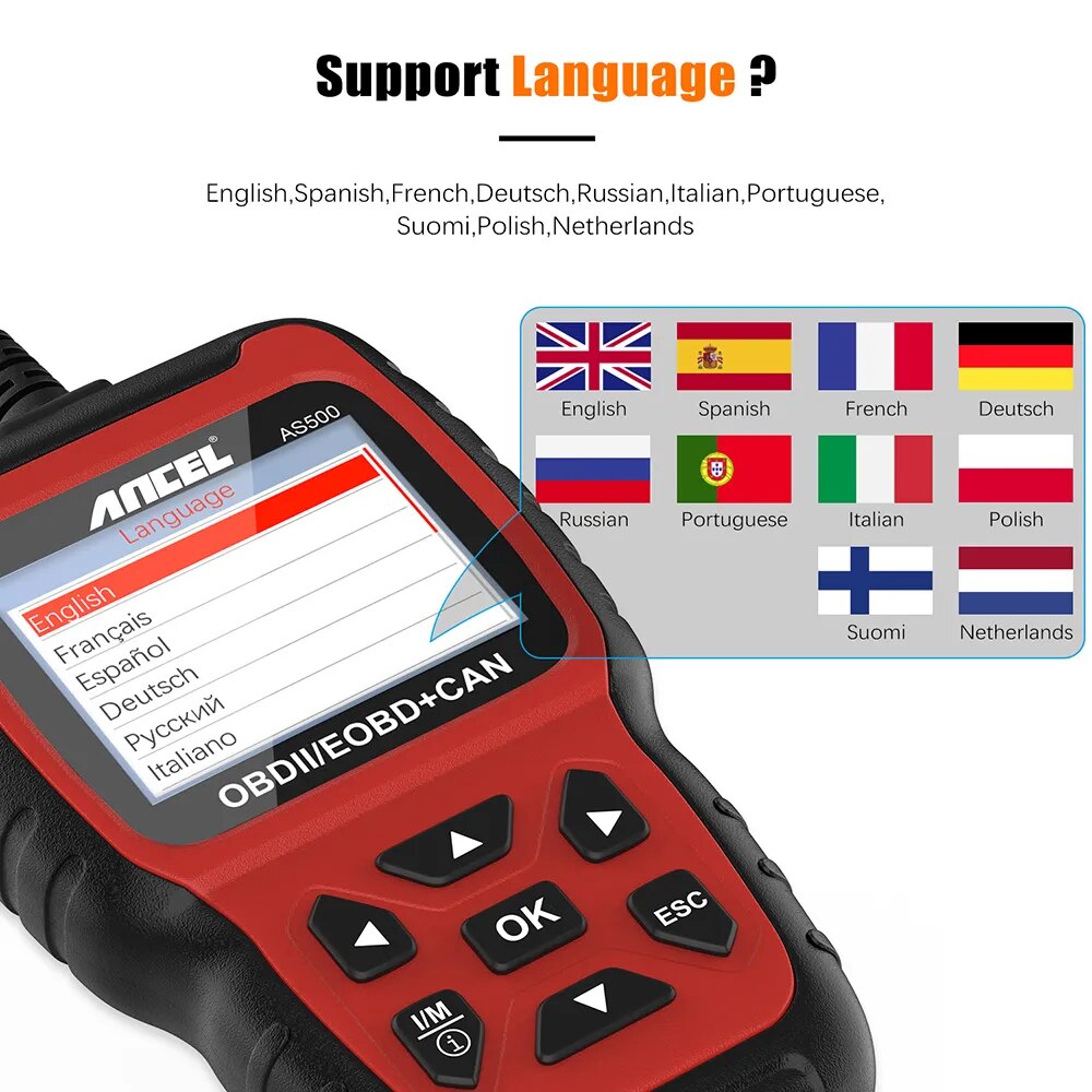 Ancel AS500 OBD2 Scanner Engine Code Reader OBD Auto Diagnose Car Diagnostics Tool Lifetime Free Update OBD2 Automotive Scanner