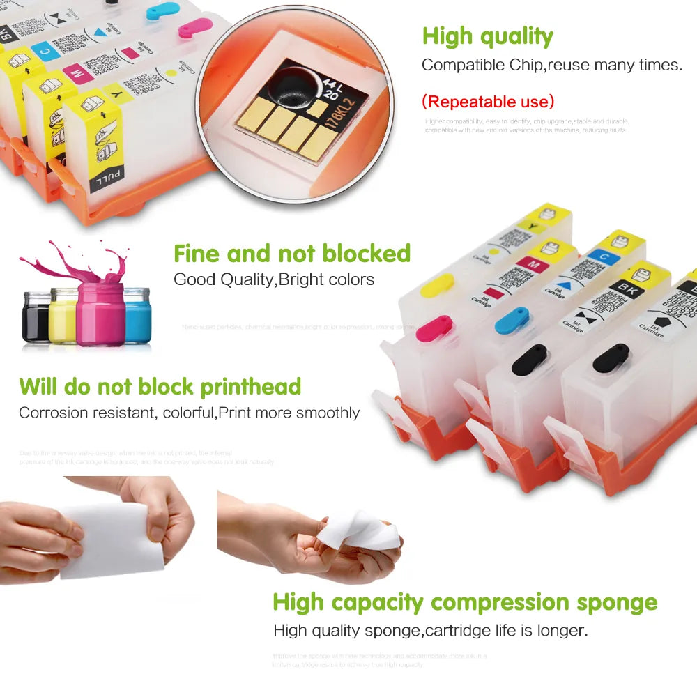 For HP 178 Refillable Ink Cartridge with Chips for HP Photosmart C6380 C6300 C5300 C5383 C5380 C6383 D5460 D5400 D5463 Printers