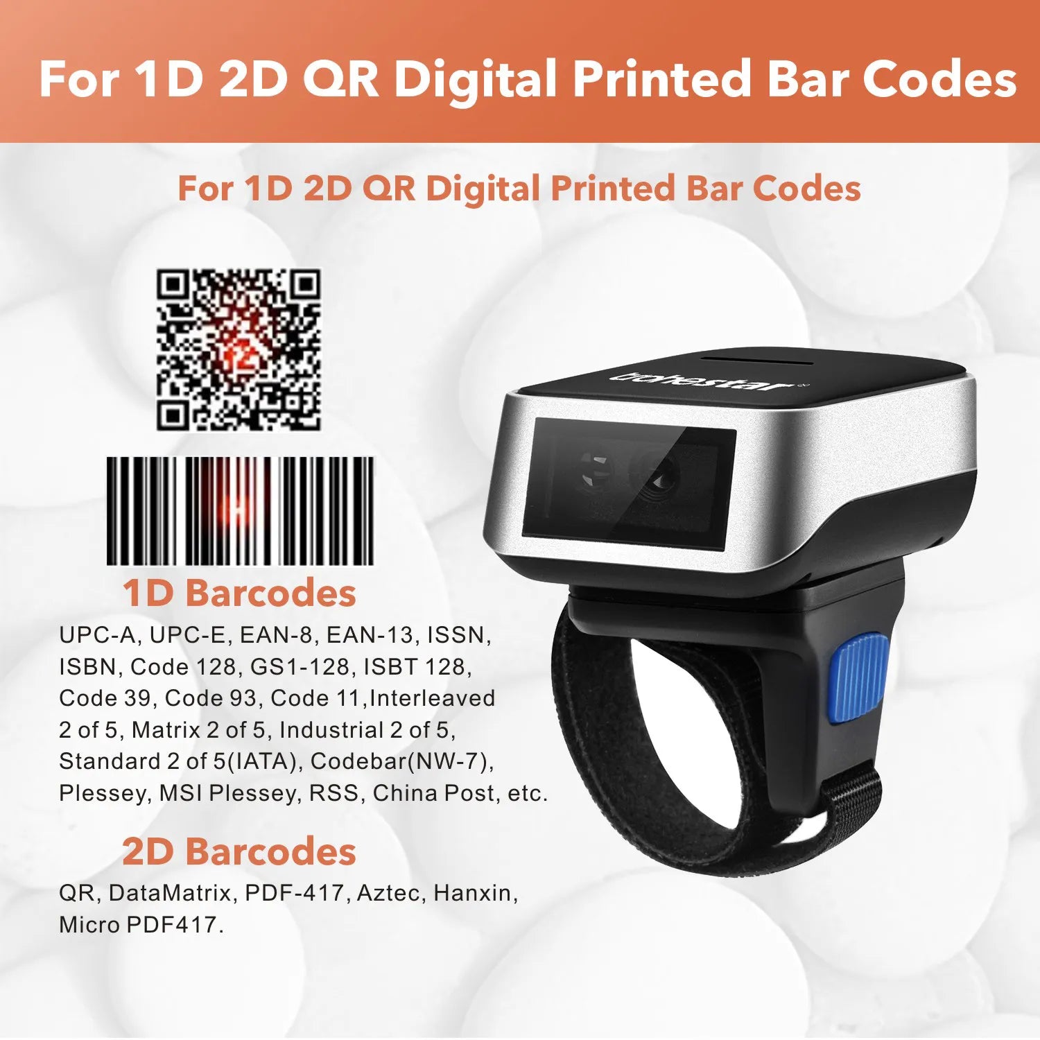 Trohestar Barcode Scanner Wireless 1D 2D Portable QR Code PDF Barcode Scanner Wearable Finger Mini Bar Code Reader Scanners