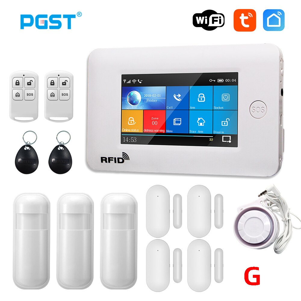 PGST 433MHz All Touch Screen Wireless WIFI GSM RFID Card Burglar Alarm System Smart Home Security DIY Alarm TUYA Smart Life