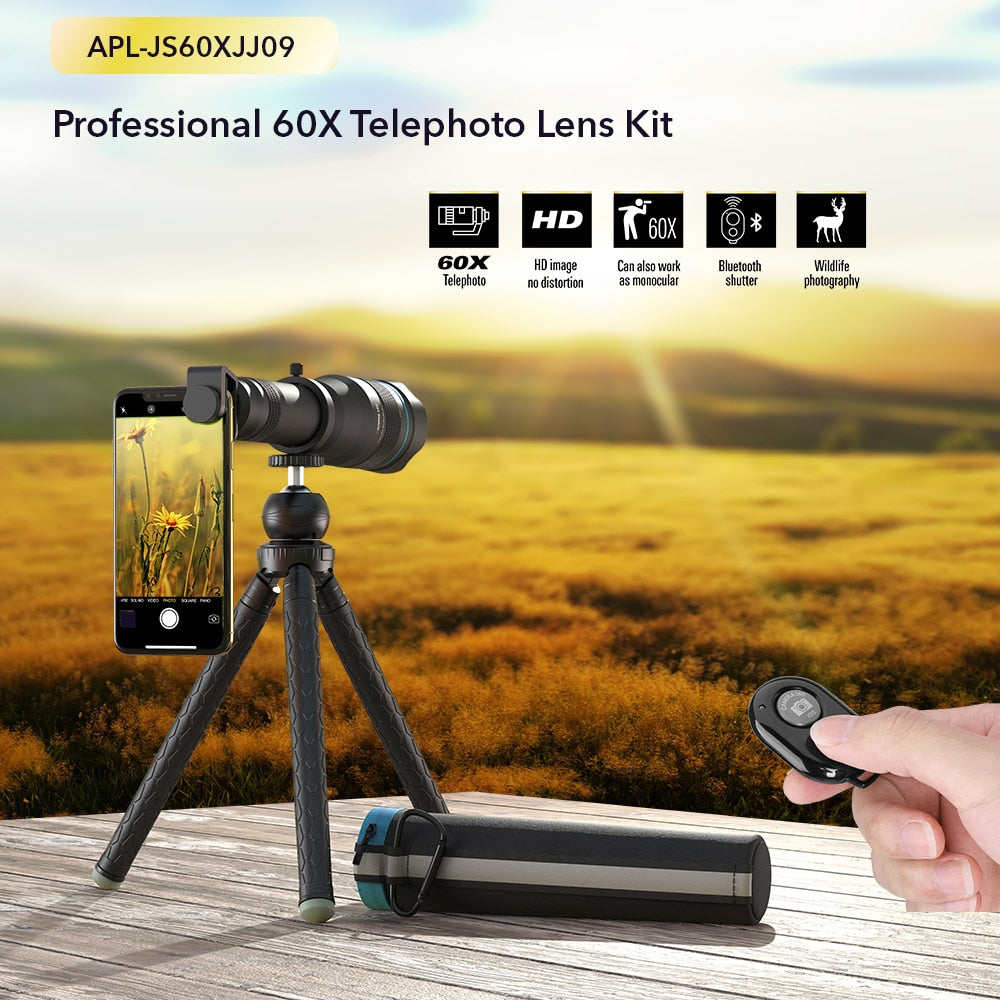 APEXEL 60X Mobile Phone Telephoto zoom Lens Monocular Telescopeastronomical+extendable tripod for iPhone Samsung all Smartphones