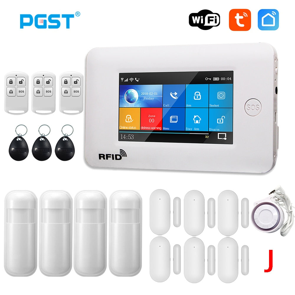 PGST 433MHz All Touch Screen Wireless WIFI GSM RFID Card Burglar Alarm System Smart Home Security DIY Alarm TUYA Smart Life