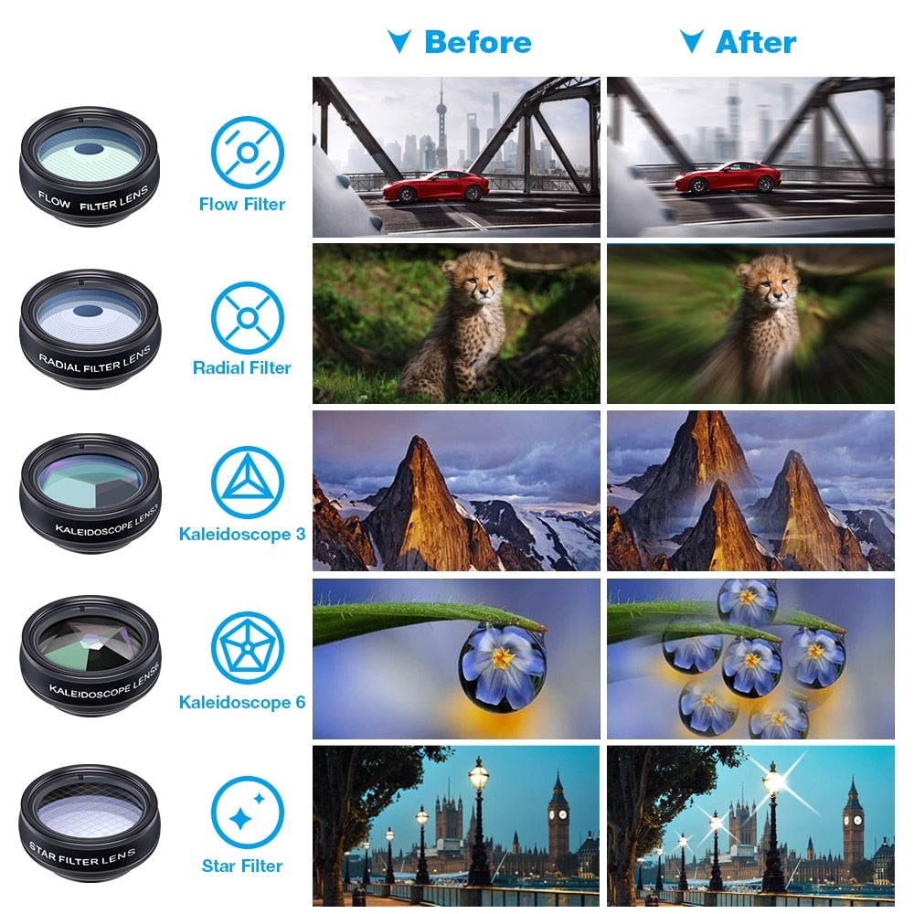 APEXEL 10 in 1  Mobile phone Lens Kit 22X Telephoto Fisheye lens Wide Angle Macro Lens+CPL Star Flow Filters for all smartphones
