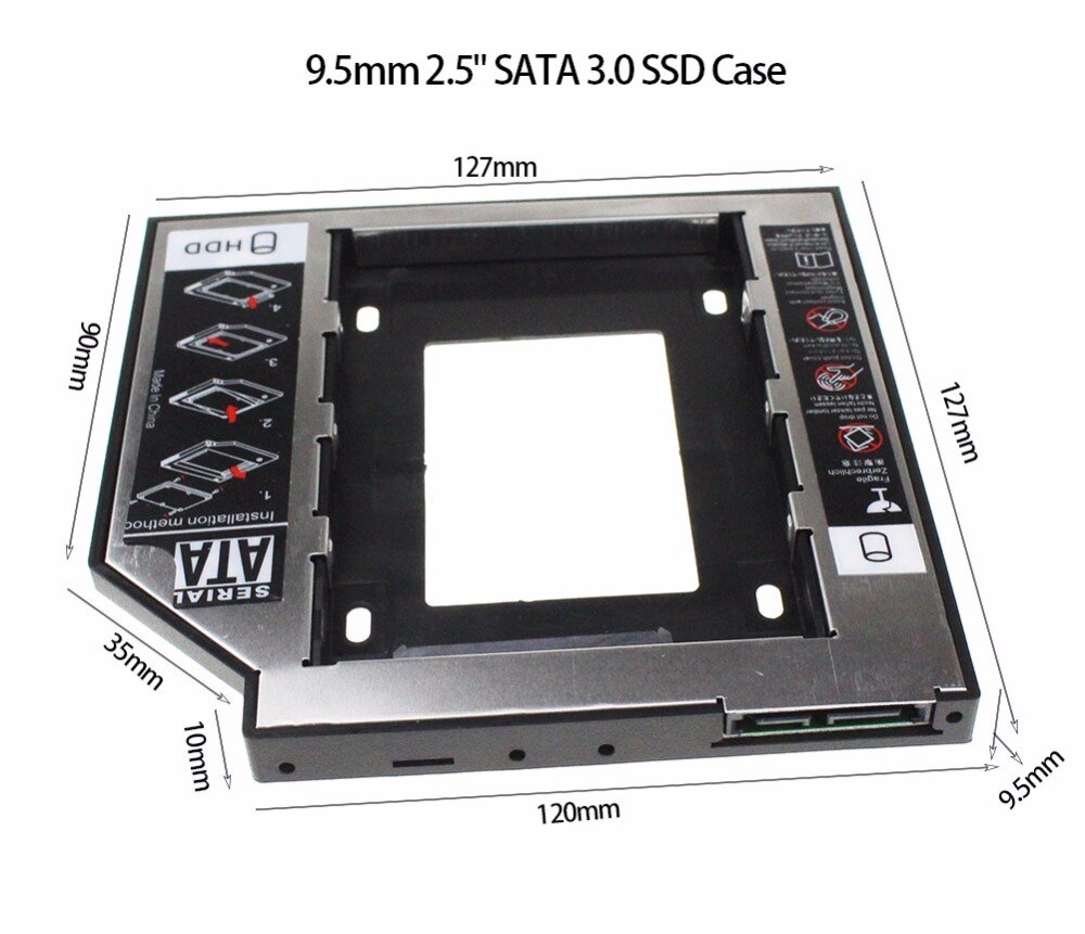 Universal SATA 3.0 2nd HDD Caddy 9.5mm For 2.5" SSD Case HDD Enclosure With LED For Laptop DVD CD ROM, Material Plastic Steel