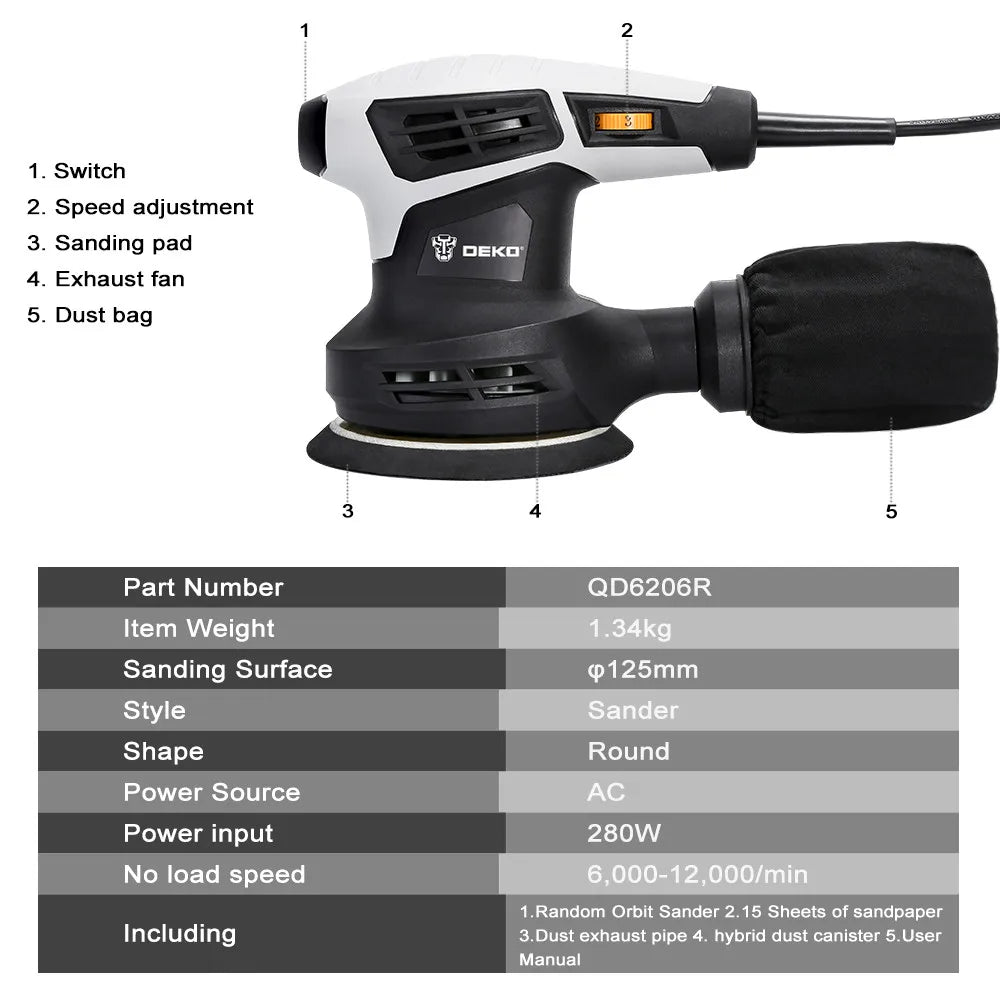 DEKO QD6206R 280W Random Orbit Sander for Wood Working with 15 Sheets of Sandpaper Dust Exhaust and Hybrid Dust Canister