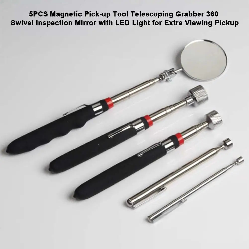 5Pcs/Set Magnetic Pick-up Tool Telescoping Car 360 Swivel Inspection Mirror With LED Light For Extra Viewing Pickup
