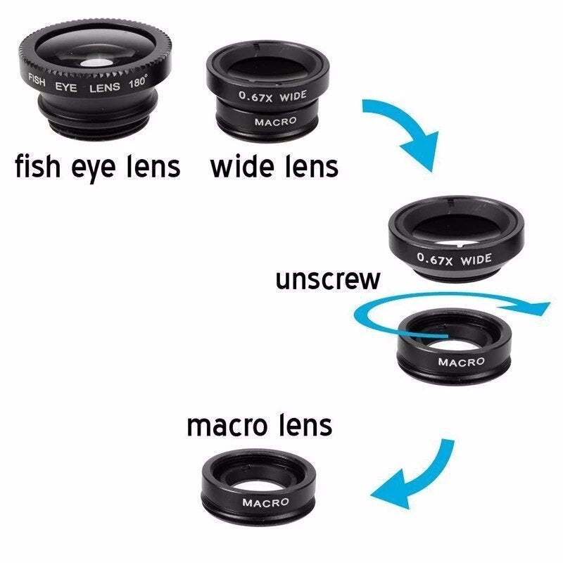 3 in 1 Fisheye Phone Lens Wide Angle Zoom Lens Fish Eye Macro Lenses Camera Kits With Clip Lens On The Phone For All Smart Phone