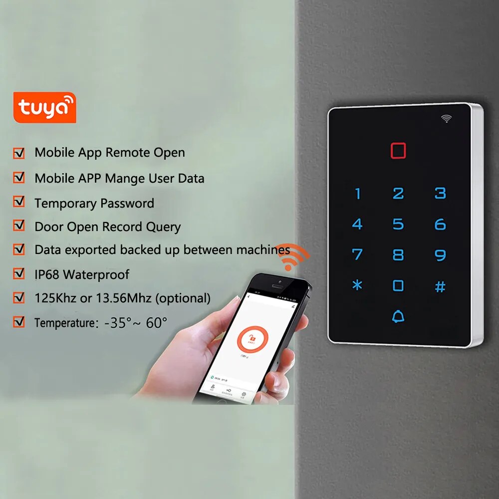 Tuya App Wifi Access Control Keypad 125khz 13.6Mhz RFID Card Access Controller wiegand 26 2000 User IP67 Waterproof