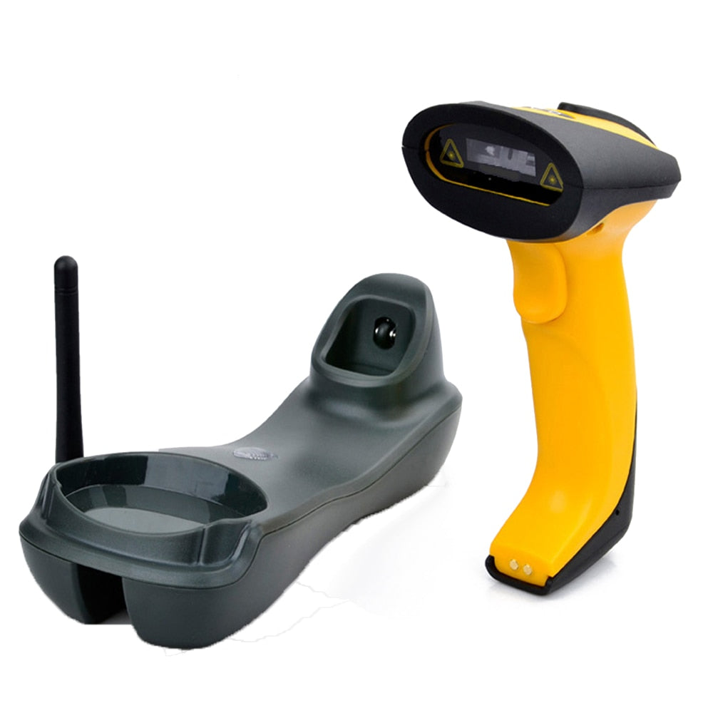 500m Long Transmission Distance Barcode Scanner Yellow Color Wireless QR Reader for Warehouse 433MHz Bar Code Reader with Stand