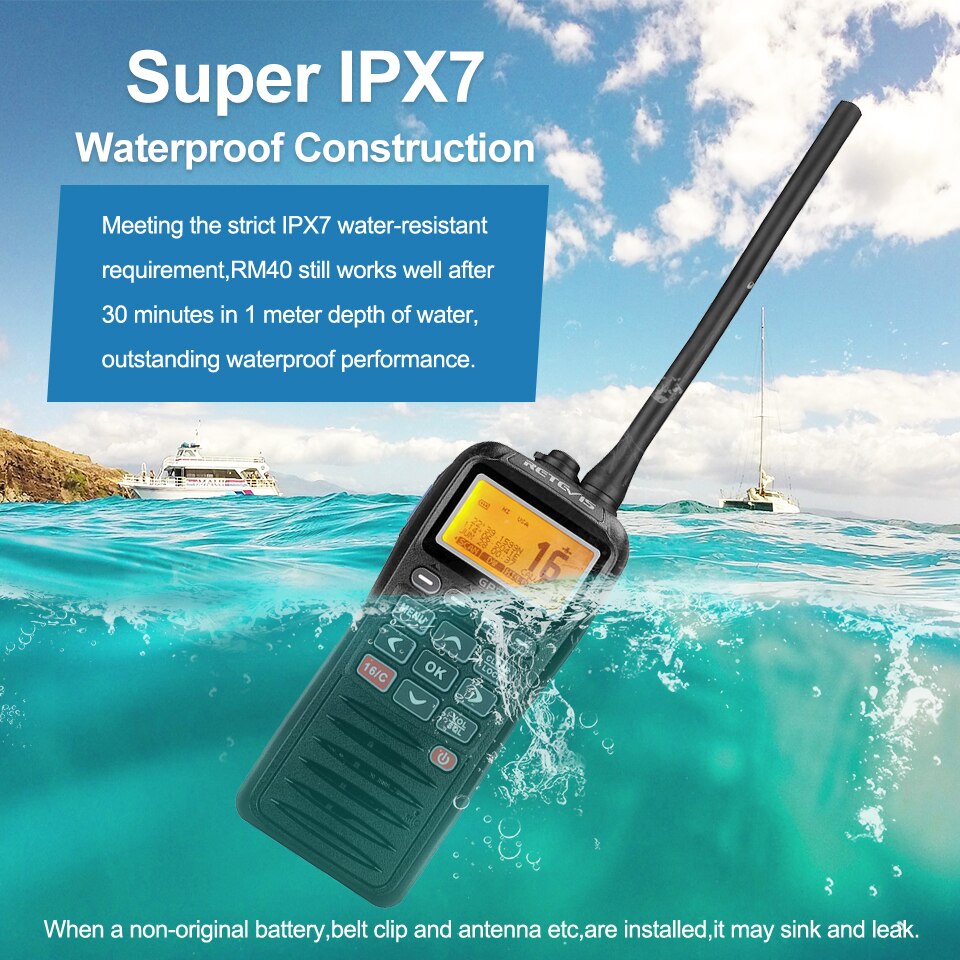 Retevis RM40 VHF Marine Radio IPX7 Waterproof Two Way Radio Communicator GPS DSC MOB Float Alarm Walkie Talkie LCD 5W Marine HT