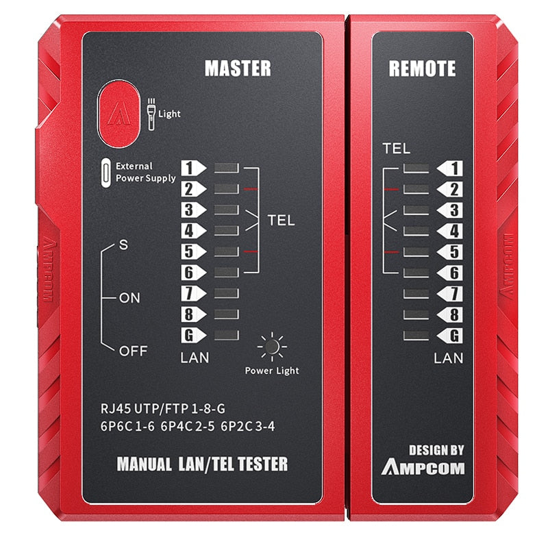 AMPCOM Network Cable Tester,  LAN Phone Wire Tester Tool Networking Tool Ethernet Repair For RJ45/RJ11/RJ12/CAT5/CAT6/CAT7/CAT8