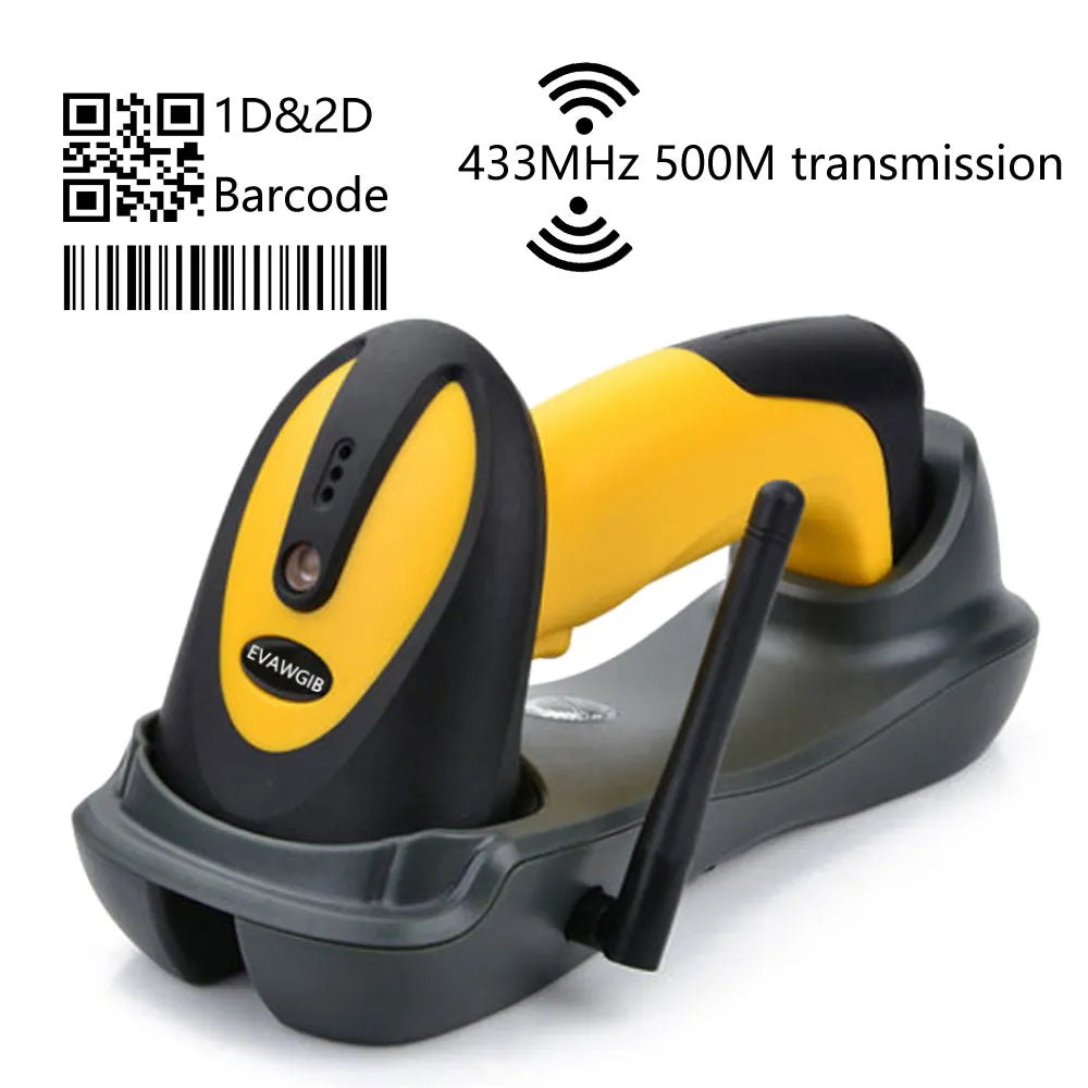 500m Long Transmission Distance Barcode Scanner Yellow Color Wireless QR Reader for Warehouse 433MHz Bar Code Reader with Stand