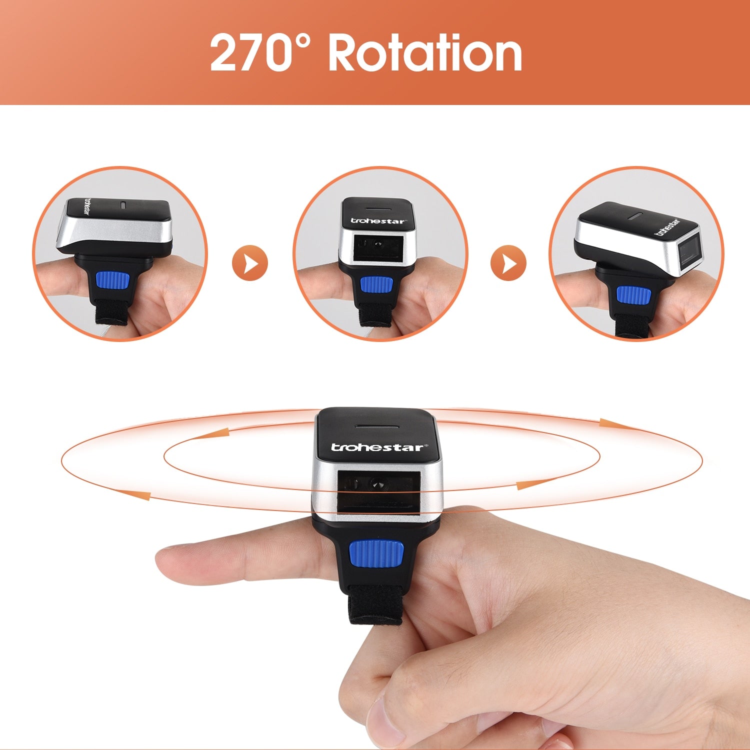 Trohestar Barcode Scanner Wireless 1D 2D Portable QR Code PDF Barcode Scanner Wearable Finger Mini Bar Code Reader Scanners