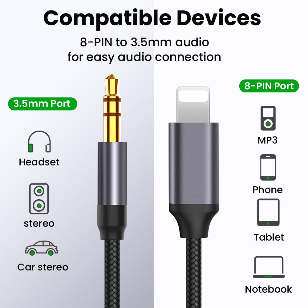 8 Pin To 3.5mm Jack AUX Cable Lighting To AUX Headphone Adapter Audio Extension Kable Connector Splitter For iPhone 14/13/12/11