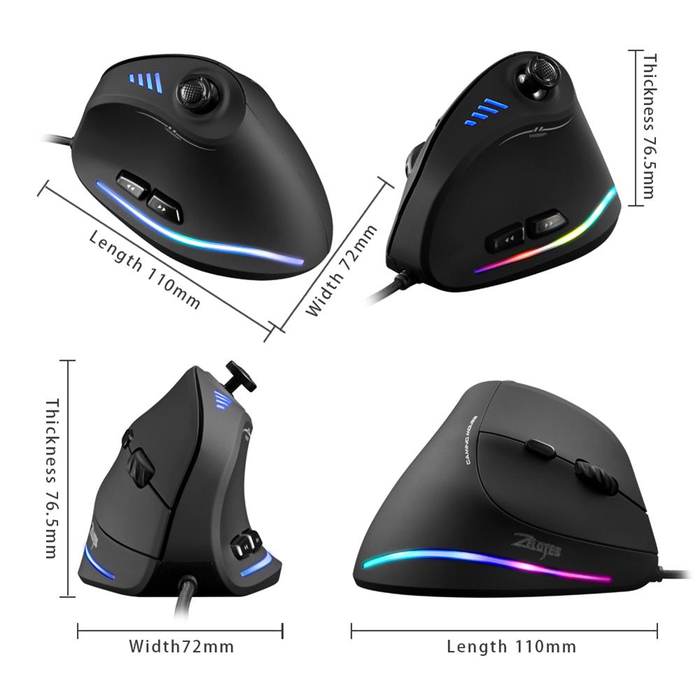 For ZELOTES Vertical Gaming Mouse Programmable USB Wired RGB Optical Mouse 11 Buttons 10000 DPI Adjustable Ergonomic Gamer Mice