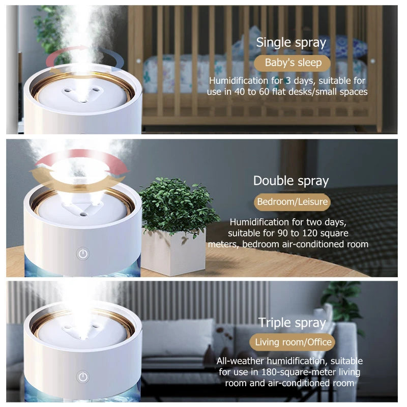 Triple Nozzles Household Ultrasonic Air Humidifier USB Aromatherapy Diffuser with LED Light Large Capacity Heavy Fog Mist Maker