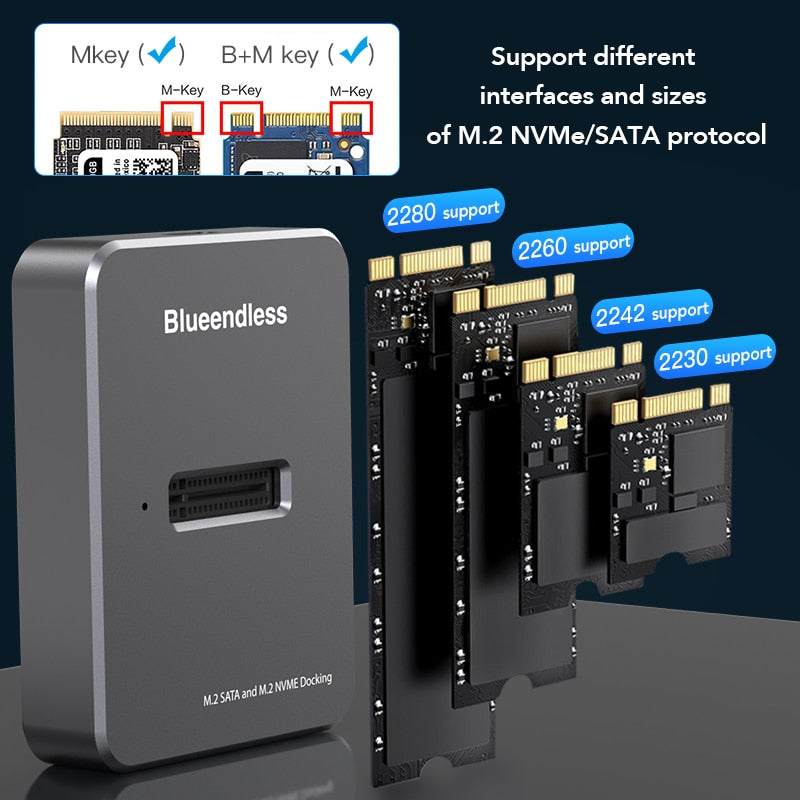 Blueendless Dual Protocol SSD Enclosure m.2 ssd case usb 3.1 NVME+NGFF SSD enclosure M key usb m 2 docking station