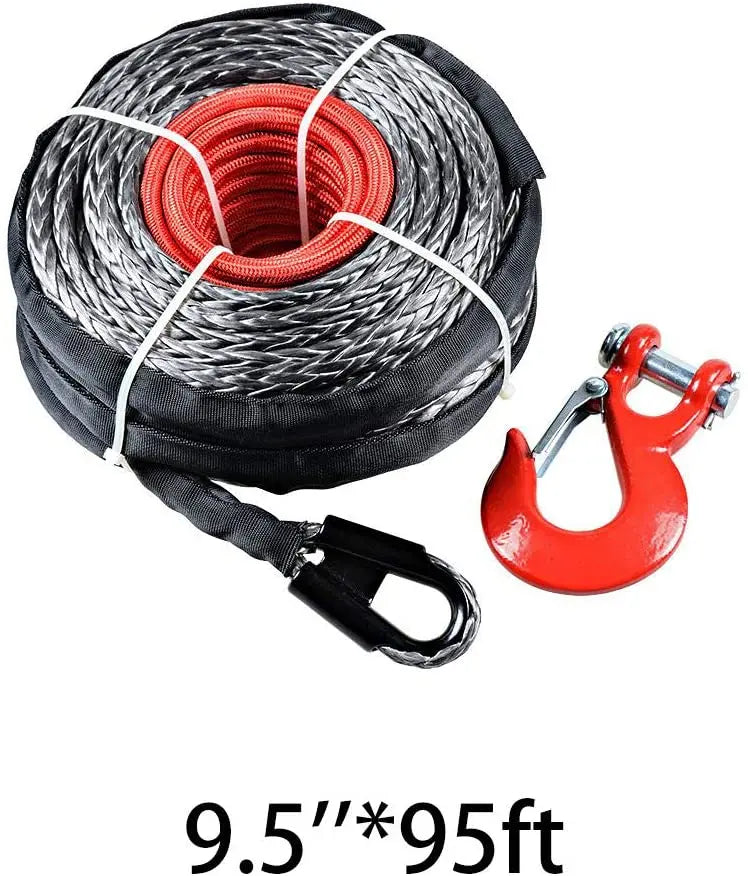 9.5MM 29m Black Synthetic Trailer Rope With Protective Cover And Hook 19000 Lbs With Thimble Sleeve Line Winch Cable Rope