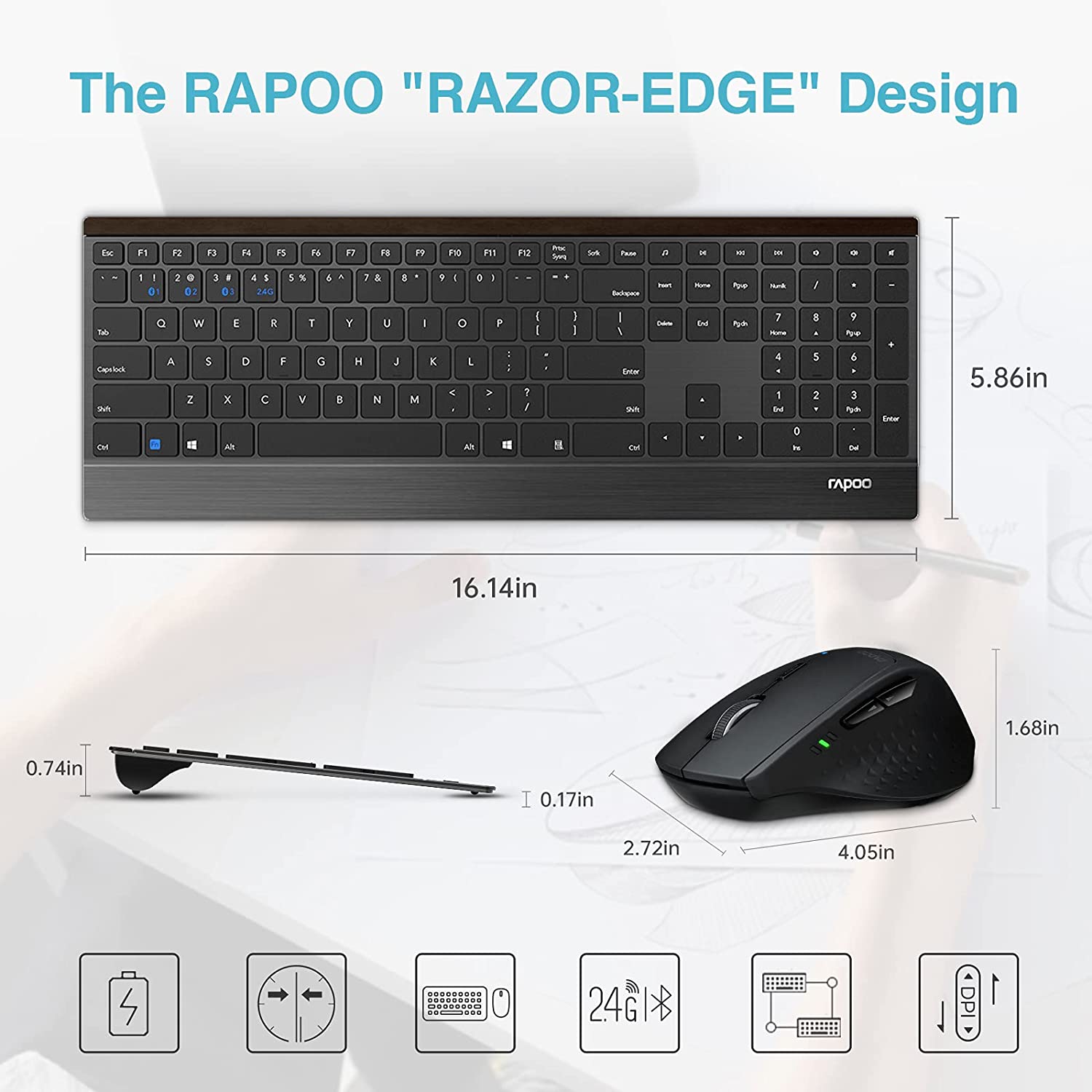 Rapoo 9500M Multi-mode Wireless Keyboard and Mouse Combo 4.5mm Ultra-slim Aluminum Alloy Base Keyboard 1600 DPI Optical Mouse