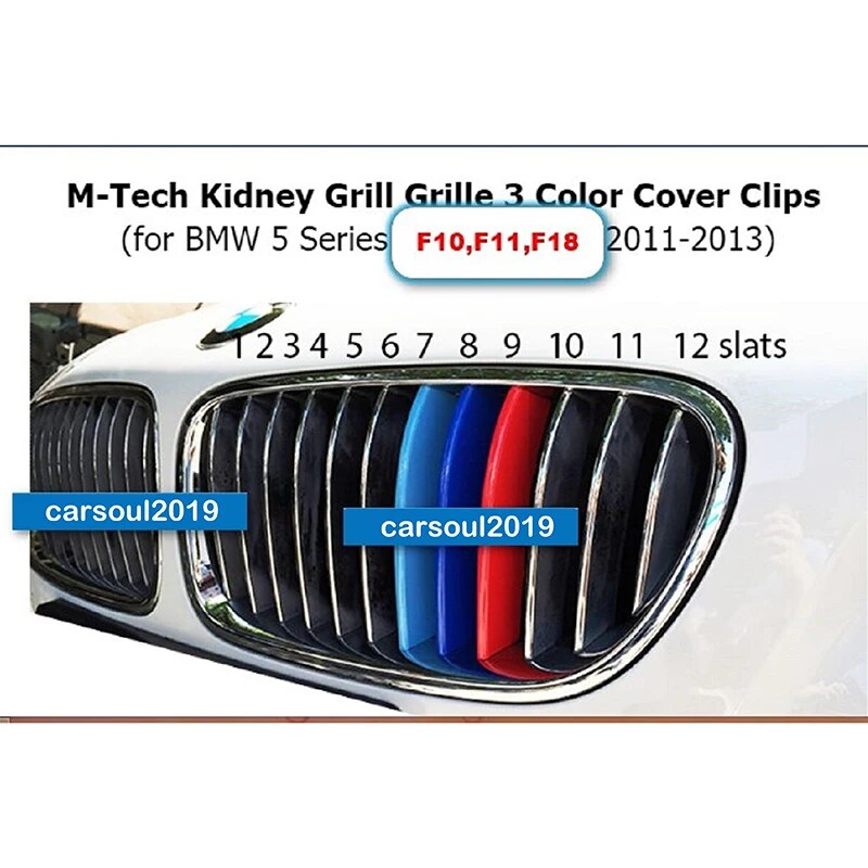 Grill Grille Decal Stripe Cover Clip Trim 12 Slats Front Kidney For BMW 5 Series F10 F11 F18 2011-2013 M-Sport Decorative Parts